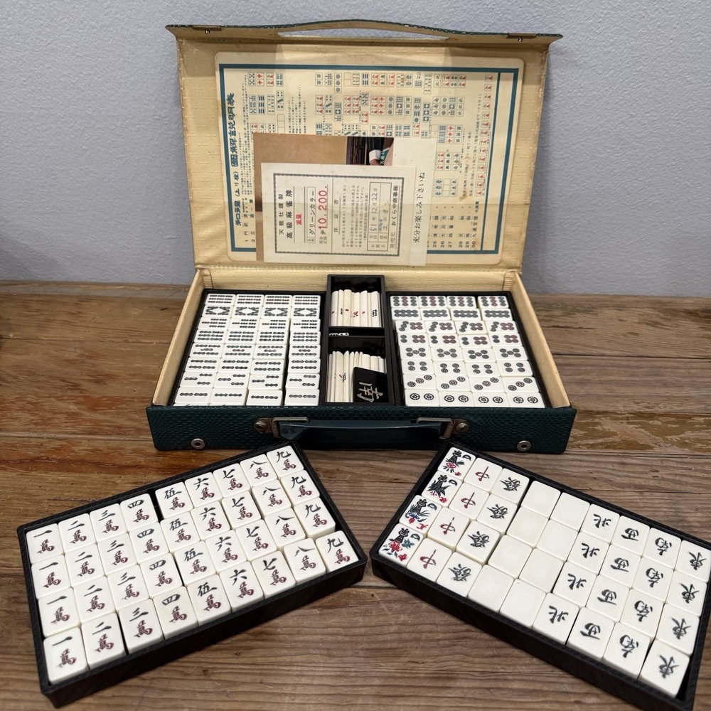 Vintage Japanese Riichi Mahjong Set Mizushima Green Back Case Receipt Docs